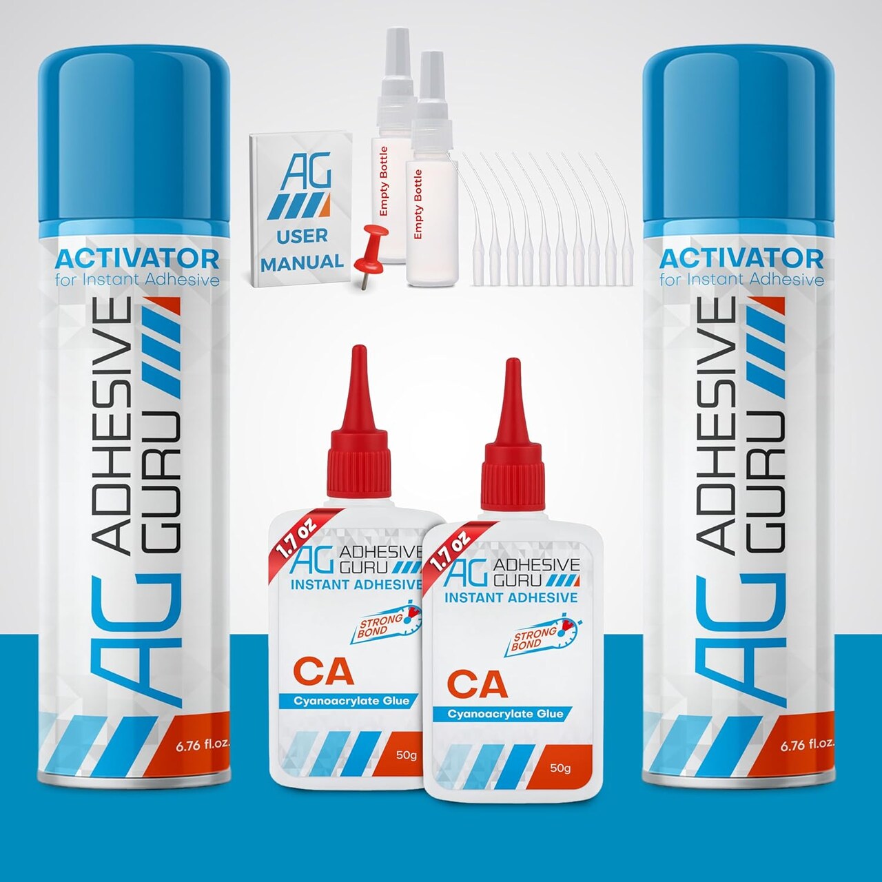 ADHESIVE GURU AG220 CA Glue (2x1.7 oz) & Activator Spray Set (2x6.76 fl oz) with Microtips, Clear Super Glue and Accelerator Kit
